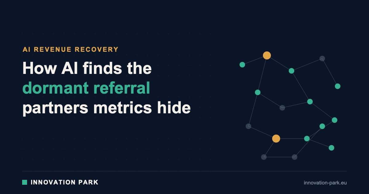 Diagram of a referral network where dormant partner nodes are dimmed while a few active nodes carry the load — Innovation Park
