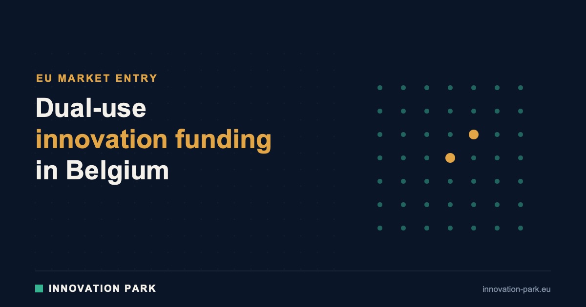 A dotted map of Europe with Belgium highlighted for dual-use innovation funding — Innovation Park